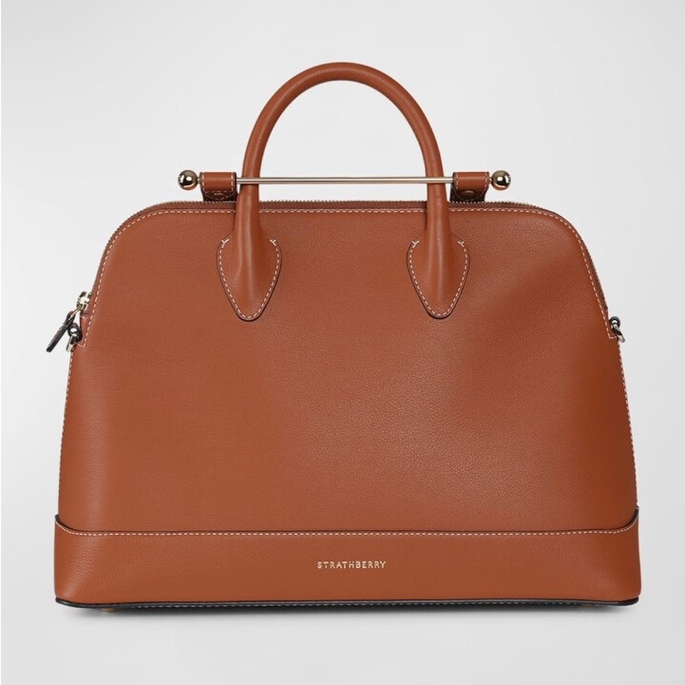 Strathberry Tan Leather Top-Handle Bag with Gold Bar